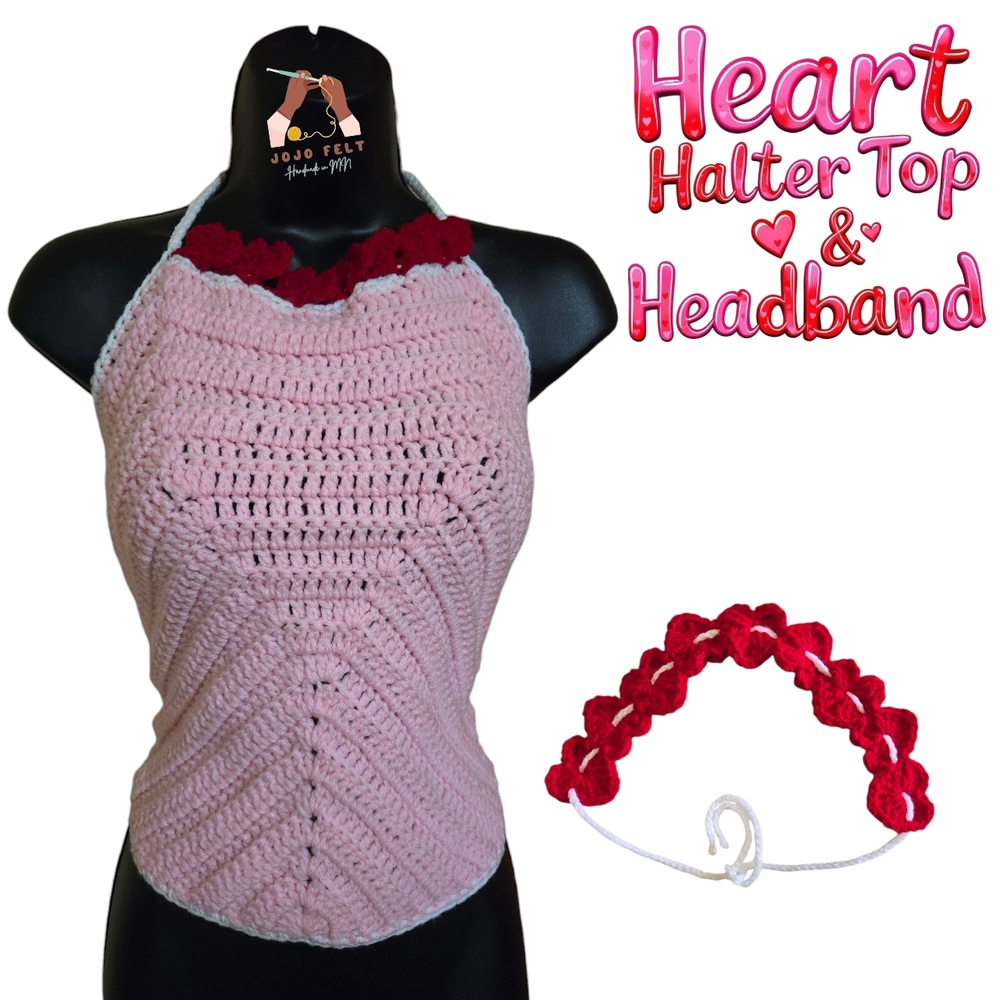 Crochet Pink/Red Heart Halter Top & Headband Set, Handmadebyme, Medium-Large
